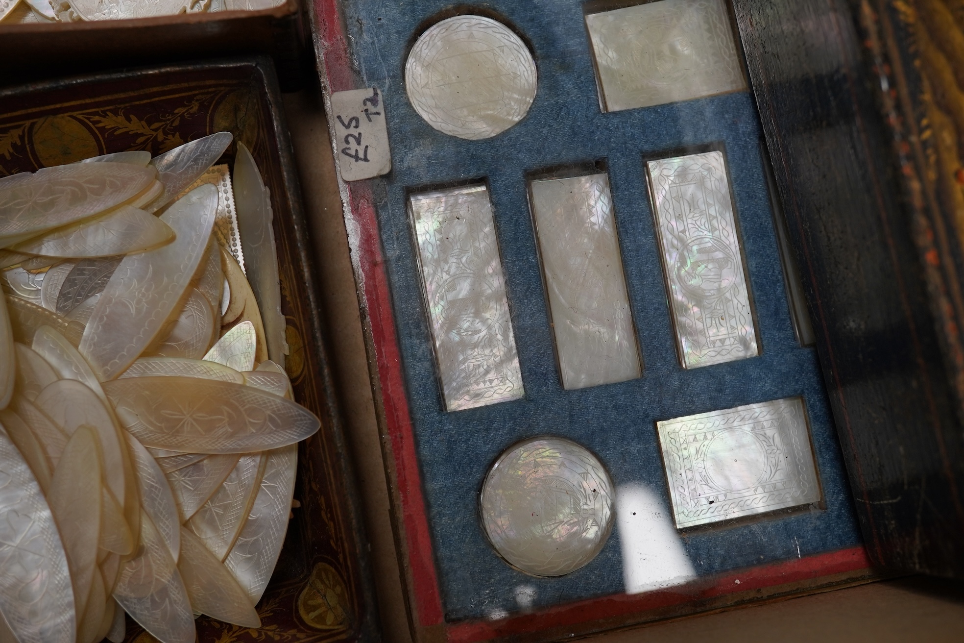 A group of 19th century Chinese mother of pearl gaming counters and accessories, together with a miniature silver cased compass